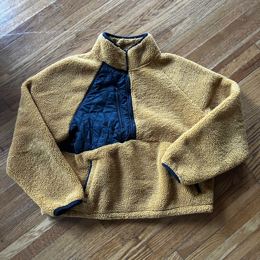 JoyLab women’s  Yellow Sherpa Zip Pullover with Quilted black panel